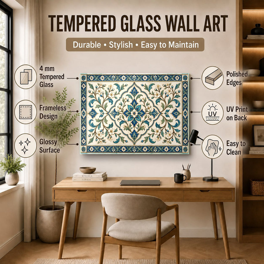 Side profile of tempered glass art with aluminum frame in a contemporary apartment