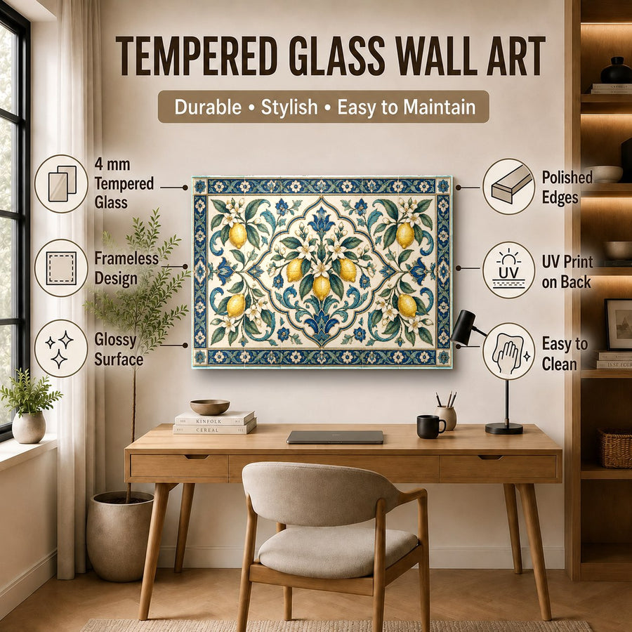 Fresh fruit wall print displayed in a chic contemporary kitchen with wooden open shelving.