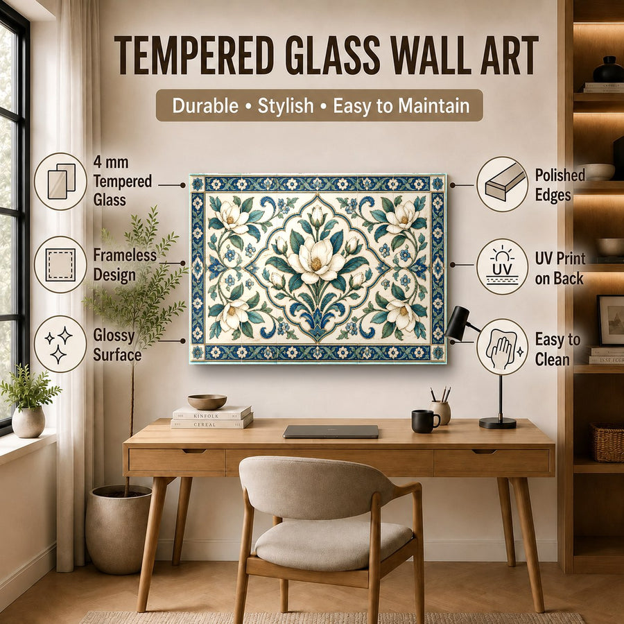 Mediterranean Grace glass print styling on a crisp white accent wall with natural lighting