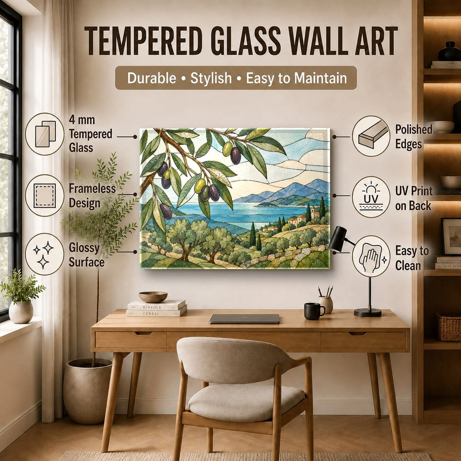 Stained Olive Glass Wall Art styled in a chic bohemian home office interior setup