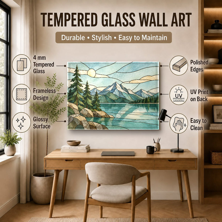 Stained Lake wall print displayed in a boutique hotel lobby setting
