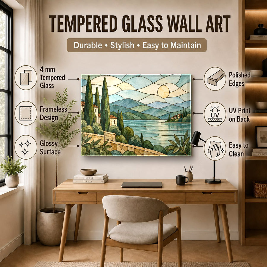 Stained Sunrise glass wall decor styled above a sleek entryway console table