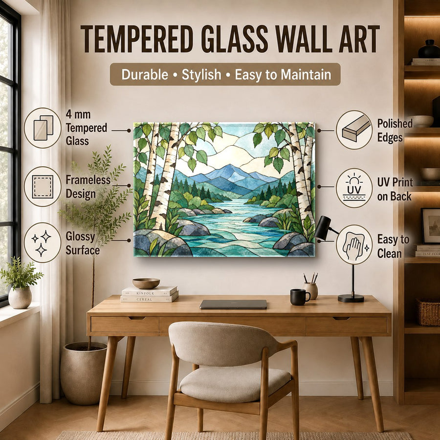 Mountain landscape glass wall art displayed above a modern fireplace mantel