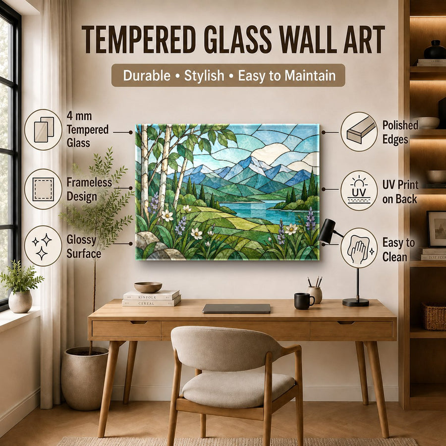 Nature themed tempered glass art showcased in a contemporary spa relaxation room