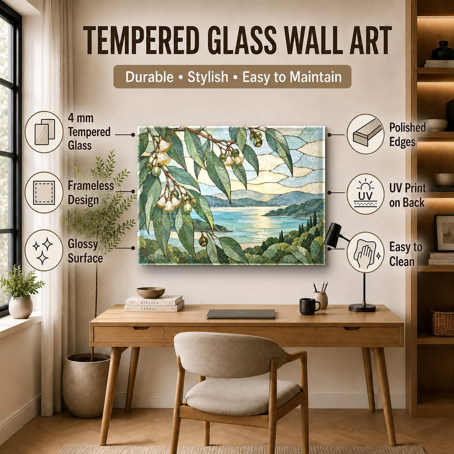 Botanical tempered glass wall art showcased in a contemporary spa relaxation room