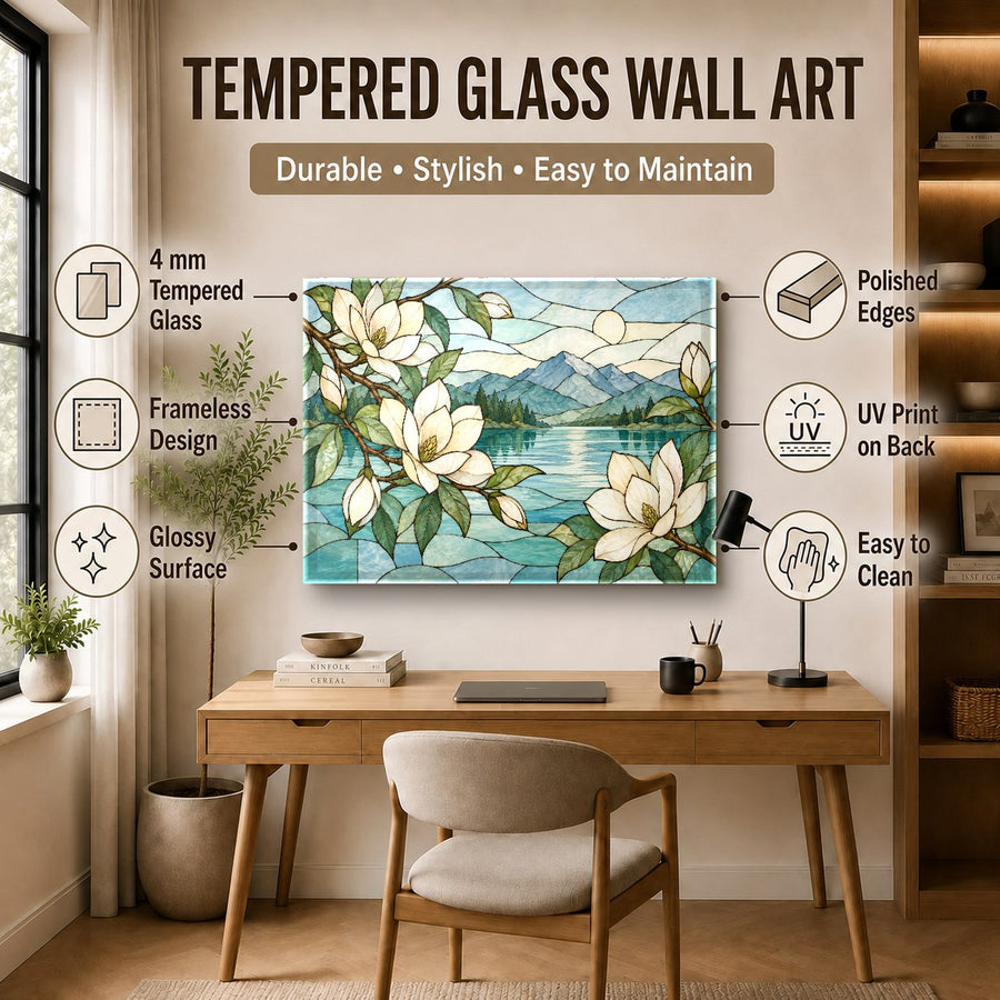 Magnolia Stained Glass Wall Art styled above a modern credenza with green plants