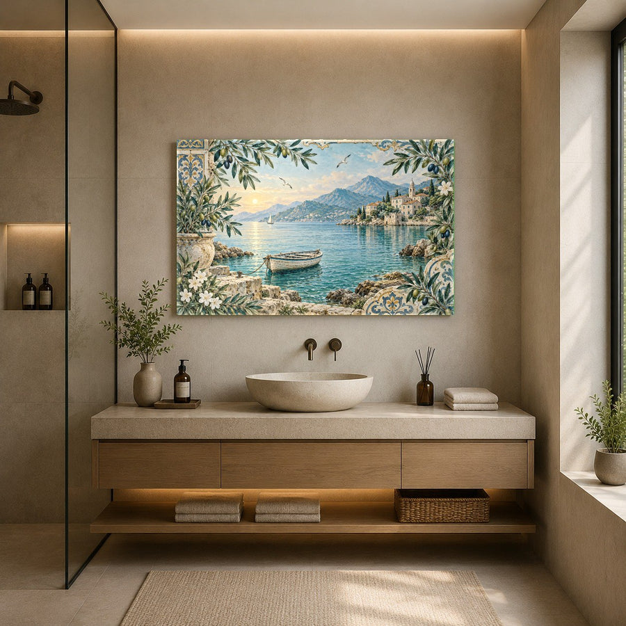 Relaxing day spa reception wall decorated with a tranquil ocean harbor glass art piece.