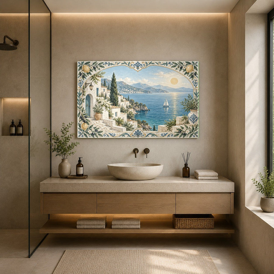 Coastal glass wall hanging displayed in a spa hallway with natural wood accents