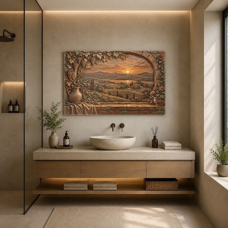 Rustic stone archway glass wall hanging displayed in a modern rustic kitchen setting