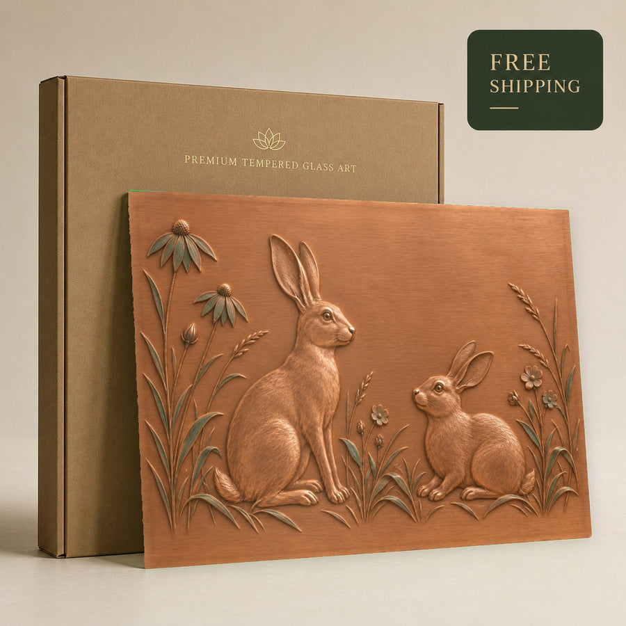 Frameless tempered glass wildlife wall art of meadow hares mounted in a luxury hotel hallway