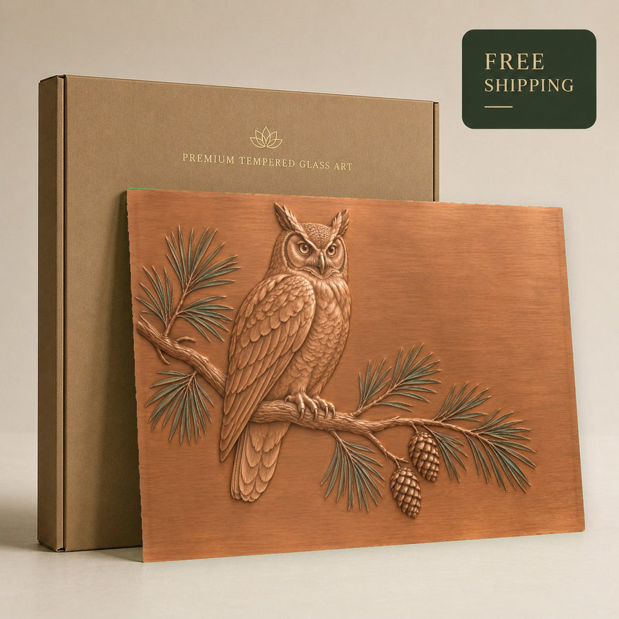 Spa waiting room decorated with serene Pine Owl glass art