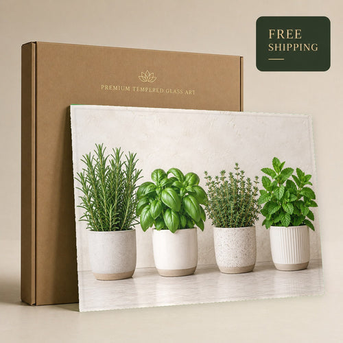Potted herbs glass wall art hanging in a modern white country kitchen above the sink
