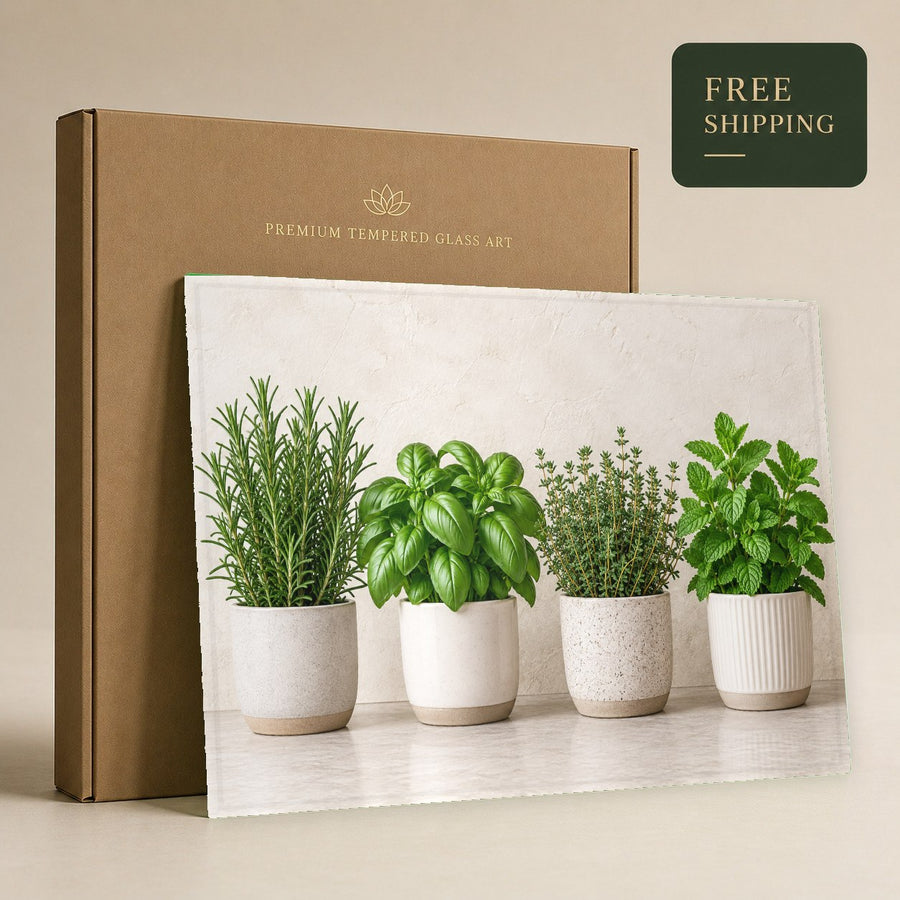 Detailed angle shot of a tempered glass art piece featuring fresh potted culinary herbs
