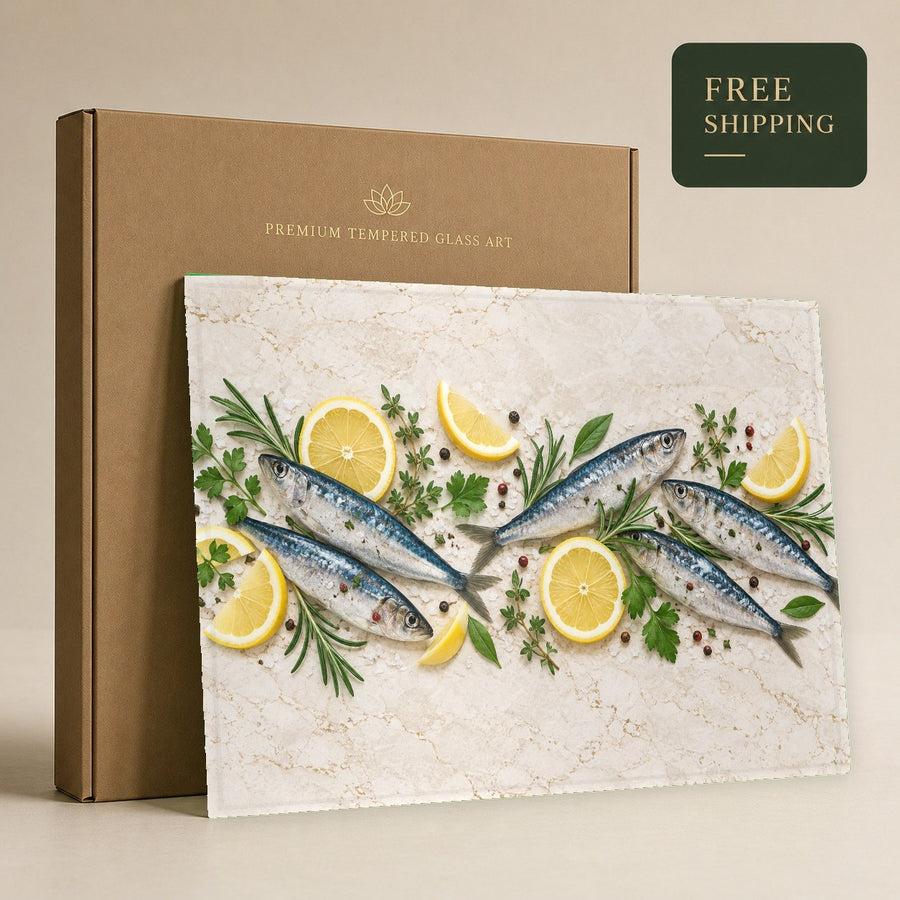 Stylish kitchen accent featuring Sardine Lemon Tempered Glass Wall Art