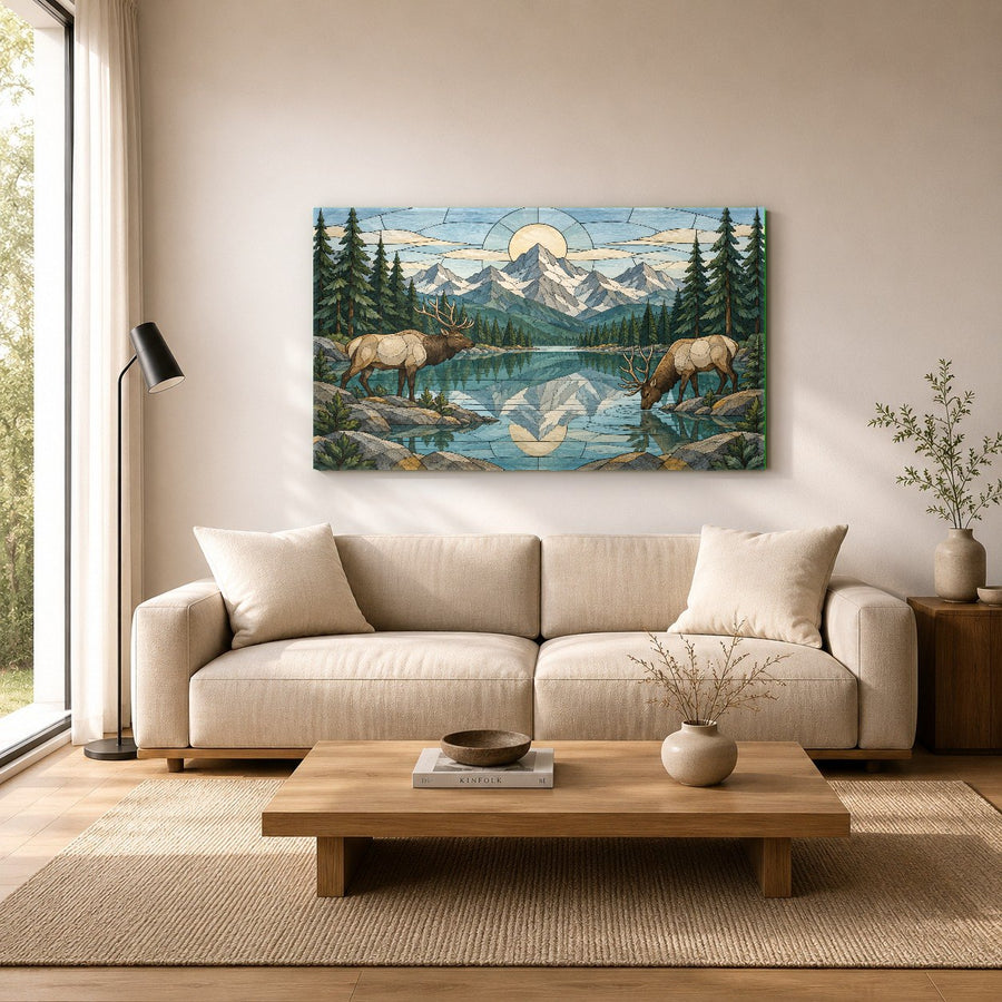 Large scale deer and river glass wall art creating an inviting focal point in a hotel lobby reception area.