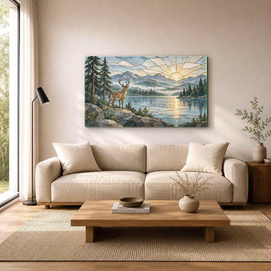 A rustic-themed lounge displaying a vibrant orange and yellow sunset deer glass art piece above a fireplace.
