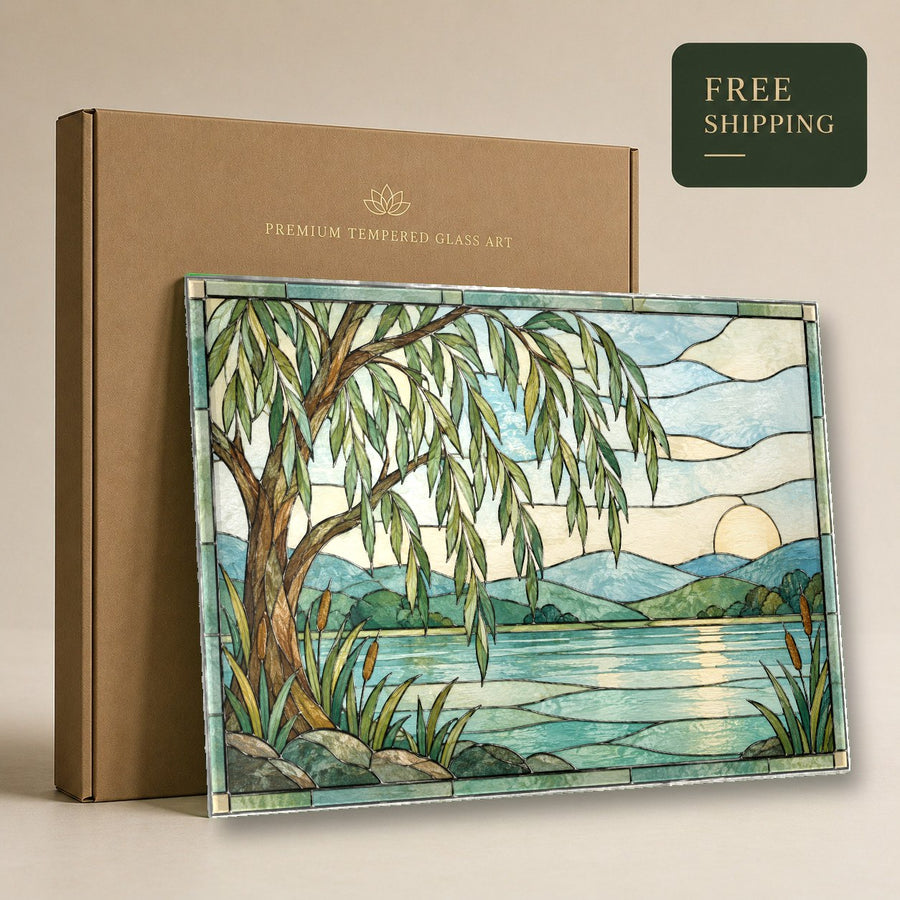 Tree stained glass wall decor placed in a serene Scandinavian-style interior setting