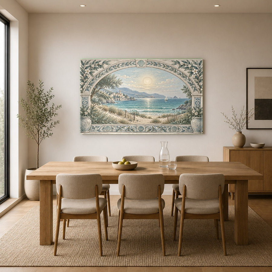 Coastal Archway glass print hanging above a beige credenza in a modern hallway.