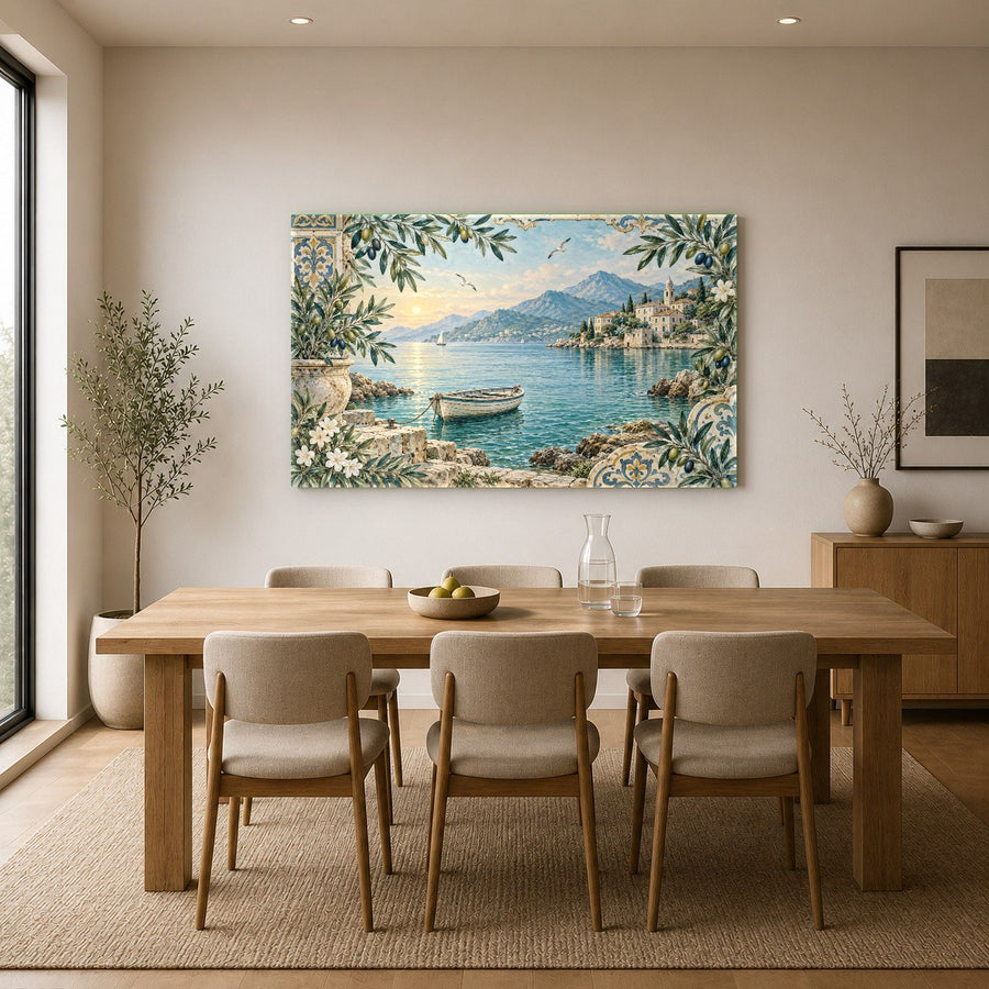 Spacious seaside retreat lounge showing a large harbor rowboat glass print on a textured accent wall.