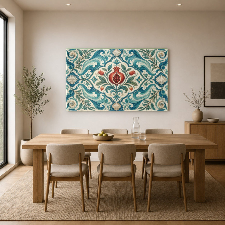 An upscale restaurant dining room decorated with a large, dramatic red and gold wave abstract glass print.