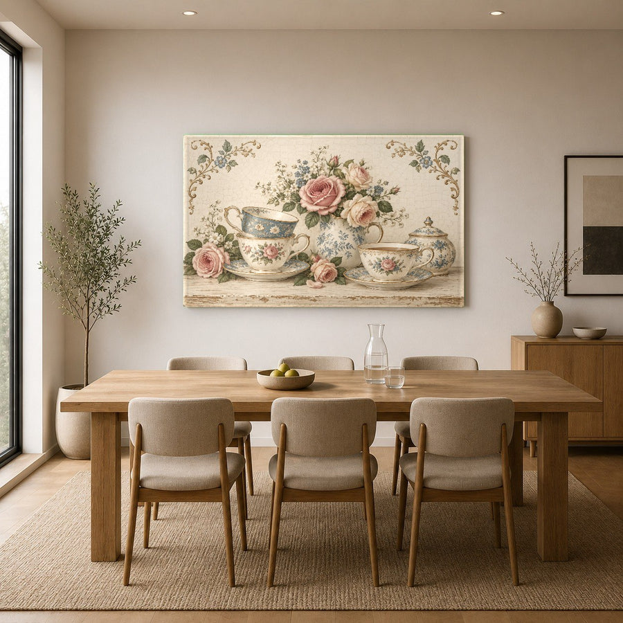 Interior view of a modern apartment dining area featuring floral wall art