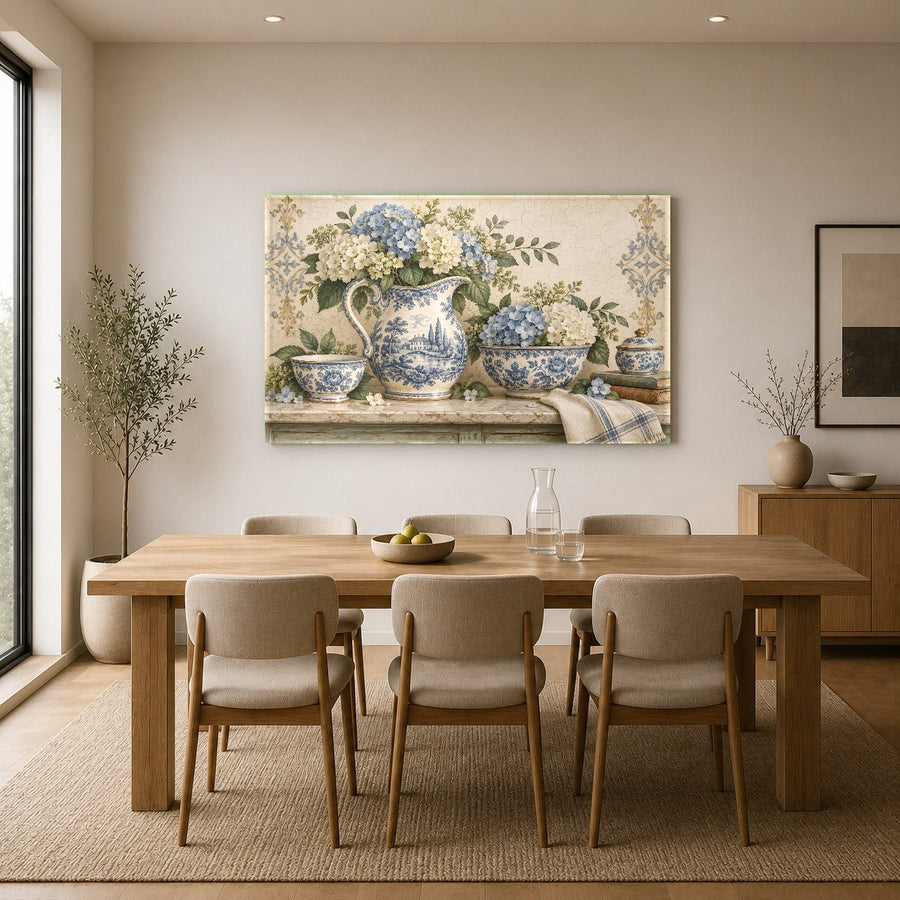 Hydrangea Pitcher wall decor in a serene bedroom setting