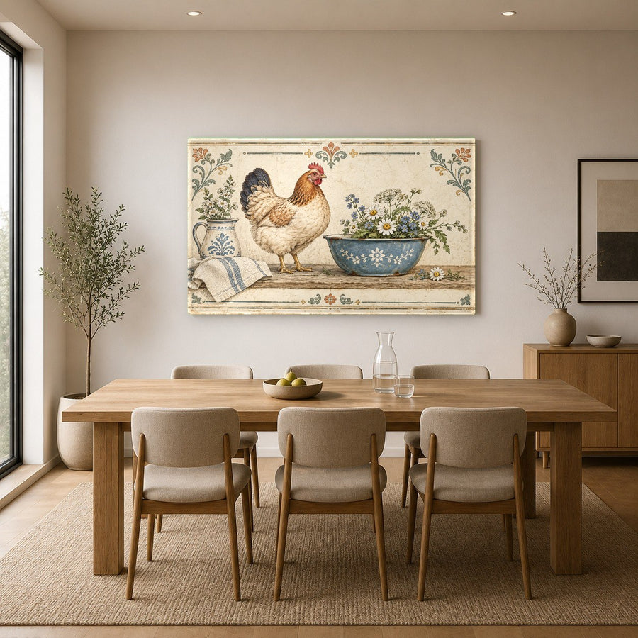 Farmhouse Hen Glass Wall Art hanging above a rustic sideboard in a country home