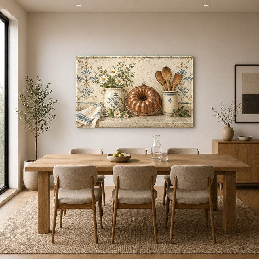 Baking decor glass print angled to show the aluminum alloy float frame and depth