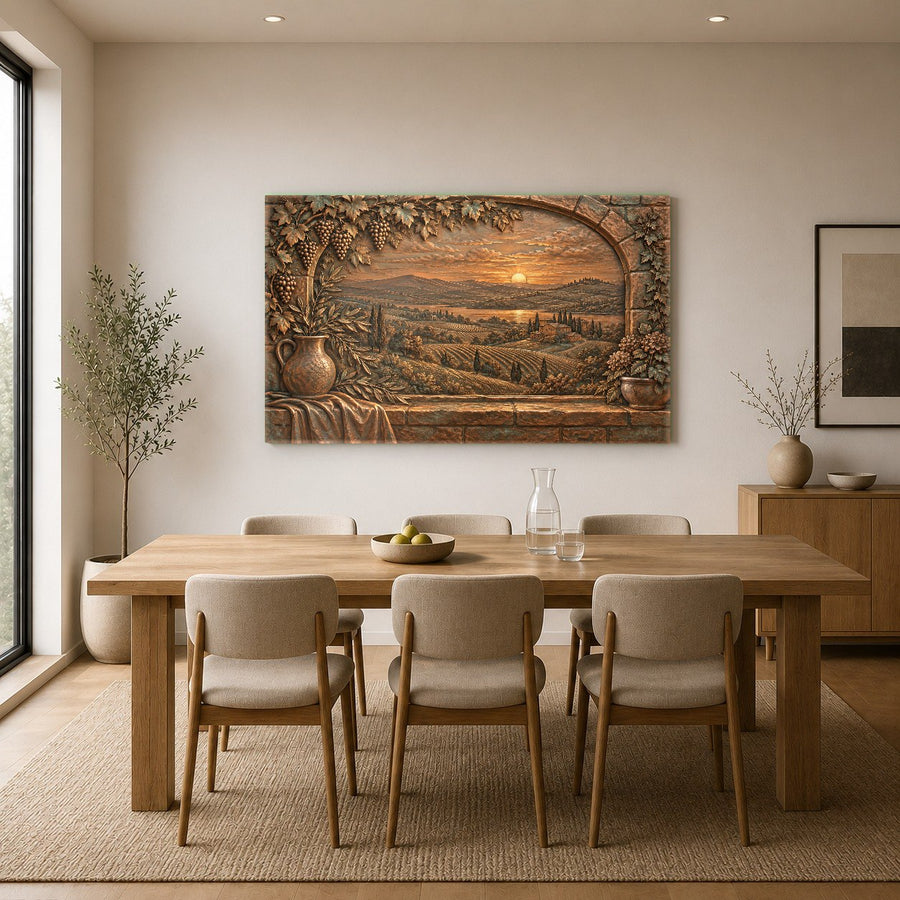 Italian villa view glass art styled above a wooden console table with warm lighting