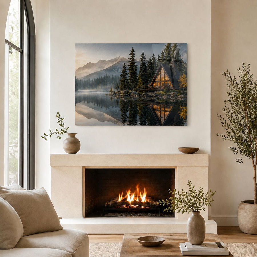 A rectangular wall art print showing a mountain lake cabin scene with trees and a glowing fireplace reflection, displayed above a fireplace in a styled living room.