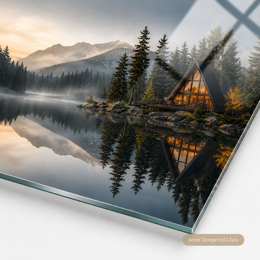 A framed or mounted scenic print showing a mountain lake with pine trees, a warm-lit triangular cabin, and mirrored reflections, displayed at an angle on a white background. Text at the bottom right reads '4min Tempered Glass'.