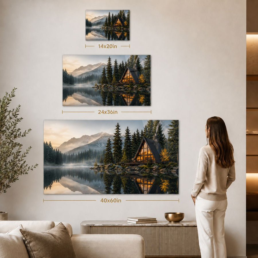 Three framed wall art prints showing mountain lake cabin scenes in different sizes, displayed on a beige wall above a sofa. A woman stands to the right, and dimension labels are overlaid on each print.