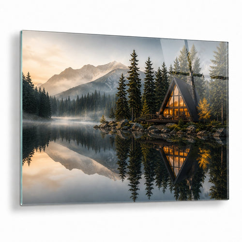 A rectangular wall art print or acrylic panel showing a misty mountain lake scene with a glowing A-frame cabin, pine trees, and reflections in the water, photographed against a plain light background.