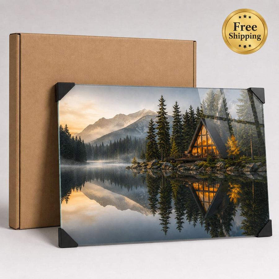 A rectangular wall art print or canvas showing a mountain lake scene with a glowing A-frame cabin, evergreen trees, and a misty sunrise, displayed in front of a brown kraft box. A gold 'Free Shipping' badge appears in the top-right corner.