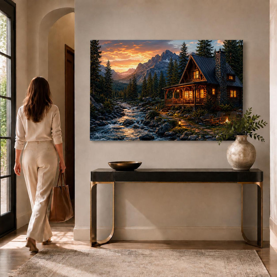 A woman in a cream outfit stands in a modern interior doorway, facing a large wall art print of a mountain cabin at sunset. The room has a black console table with gold legs, a vase, and a rug.