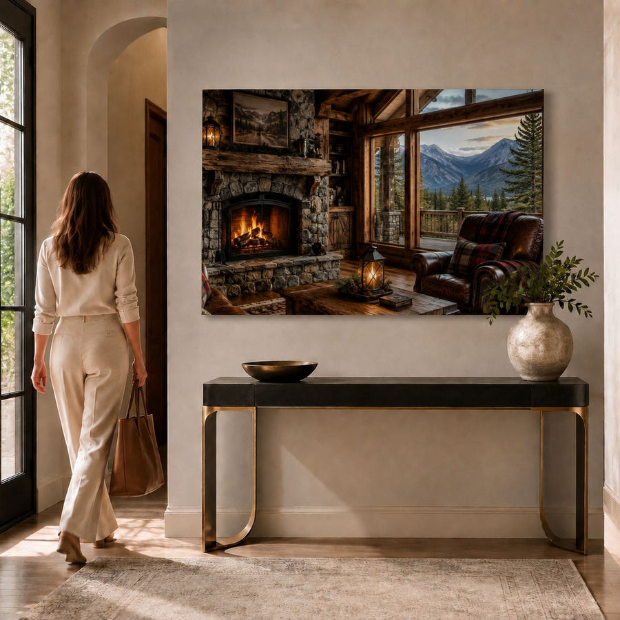A woman in a cream outfit stands in a warmly lit living room beside a console table, looking at a large framed wall art print depicting a cozy stone fireplace, mountain landscape, and leather chair.