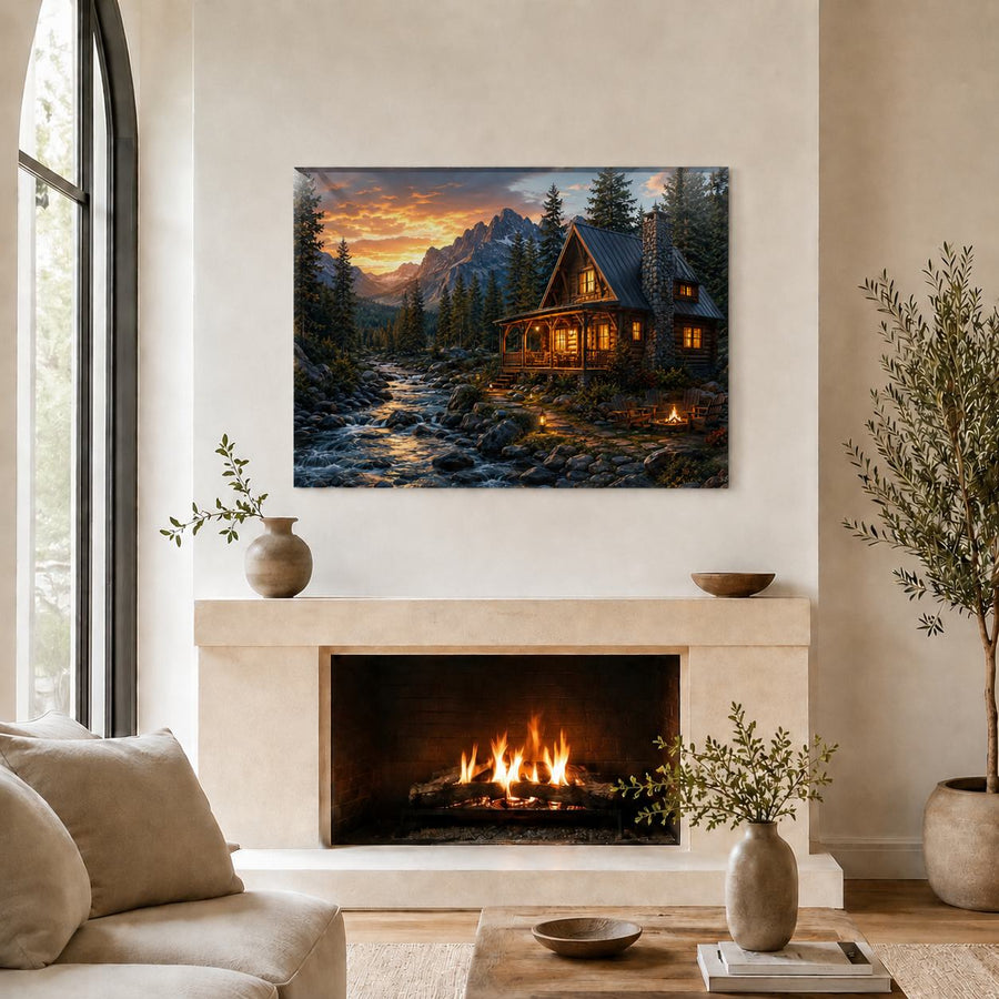 A framed wall art print depicting a cozy cabin at dusk with a flowing stream and mountains, displayed above a fireplace in a styled living room with a sofa, vases, and potted plants.