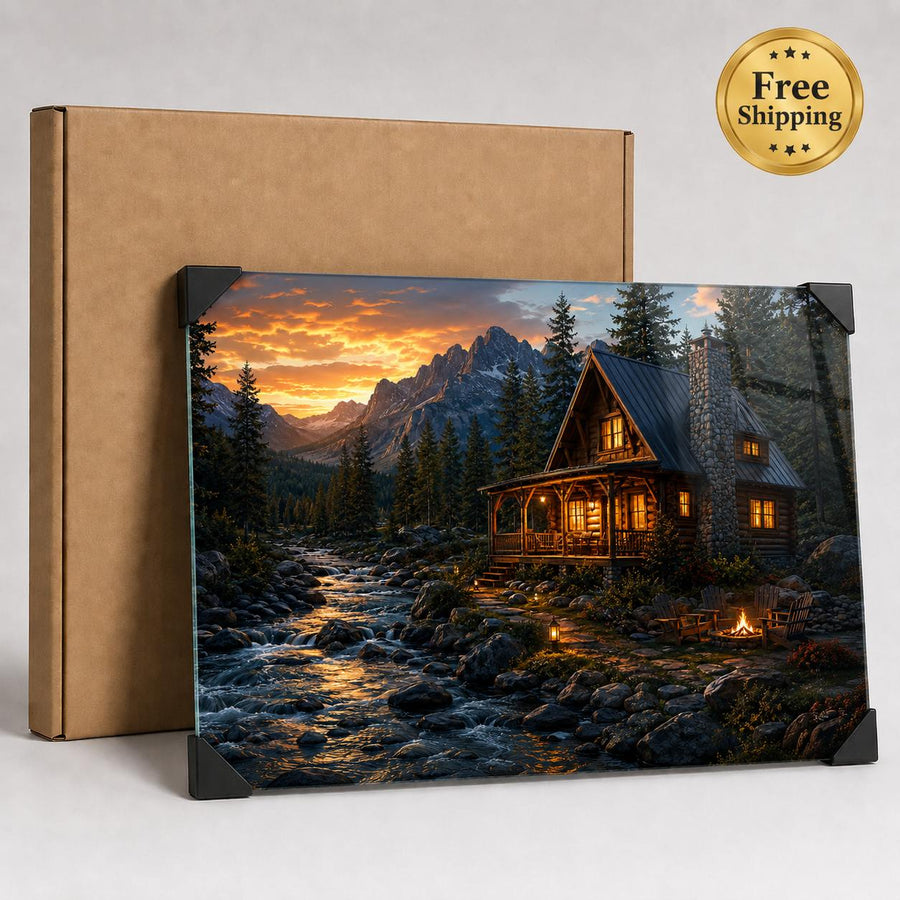 A framed or mounted art print showing a mountain cabin at sunset beside a rocky stream, displayed in front of a brown kraft box. A gold 'Free Shipping' badge appears in the top-right corner.