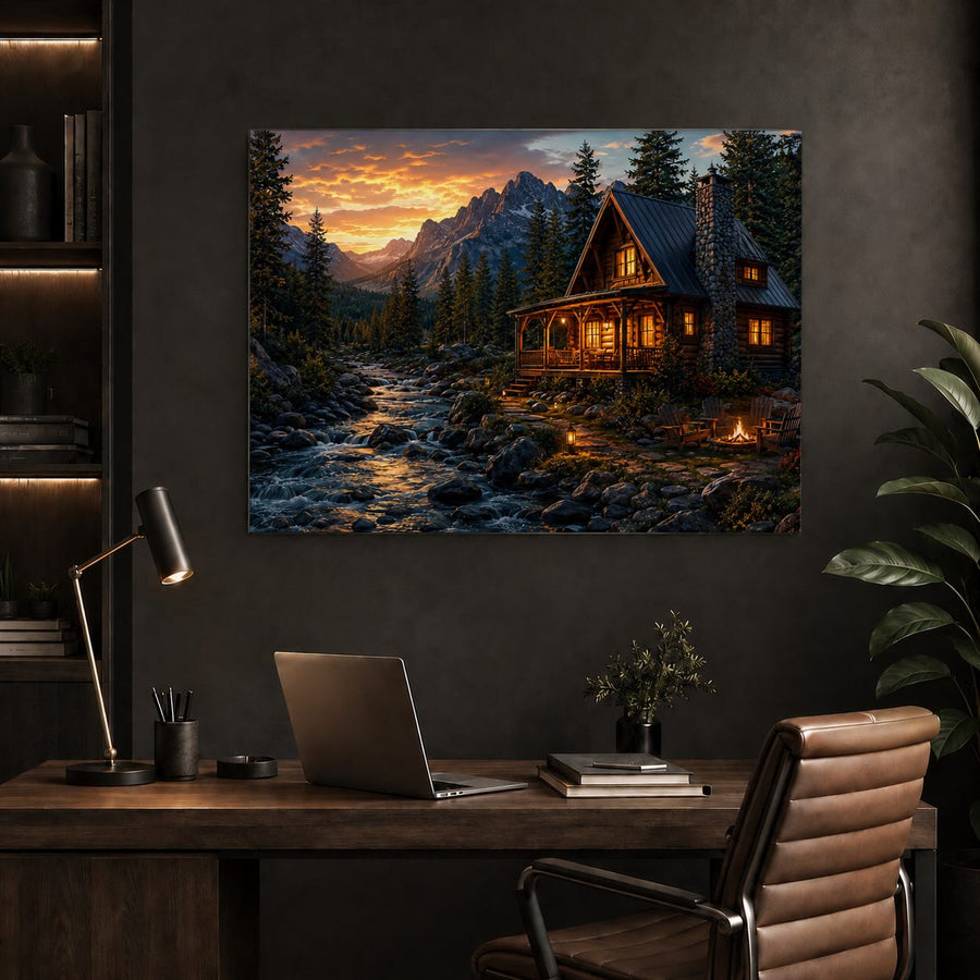 A large canvas wall art print depicting a cozy mountain cabin by a flowing stream at sunset, displayed on a dark gray wall above a wooden desk with a laptop, lamp, and chair.
