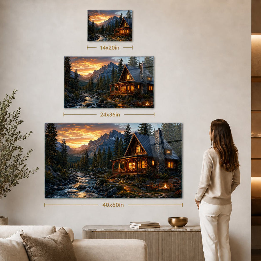 A wall-mounted multi-panel canvas print showing a mountain cabin at sunset, displayed in a styled room with a woman standing beside it. The image includes size markers for the three panels: 14x20in, 24x36in, and 40x60in.