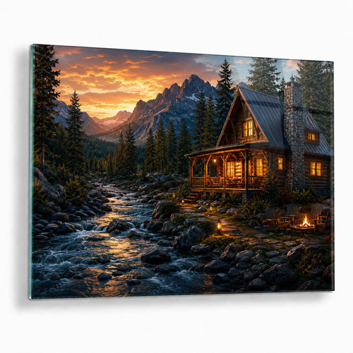 A rectangular wall art print or canvas showing a mountain cabin beside a rocky stream at sunset, photographed against a plain white background with a slight shadow.
