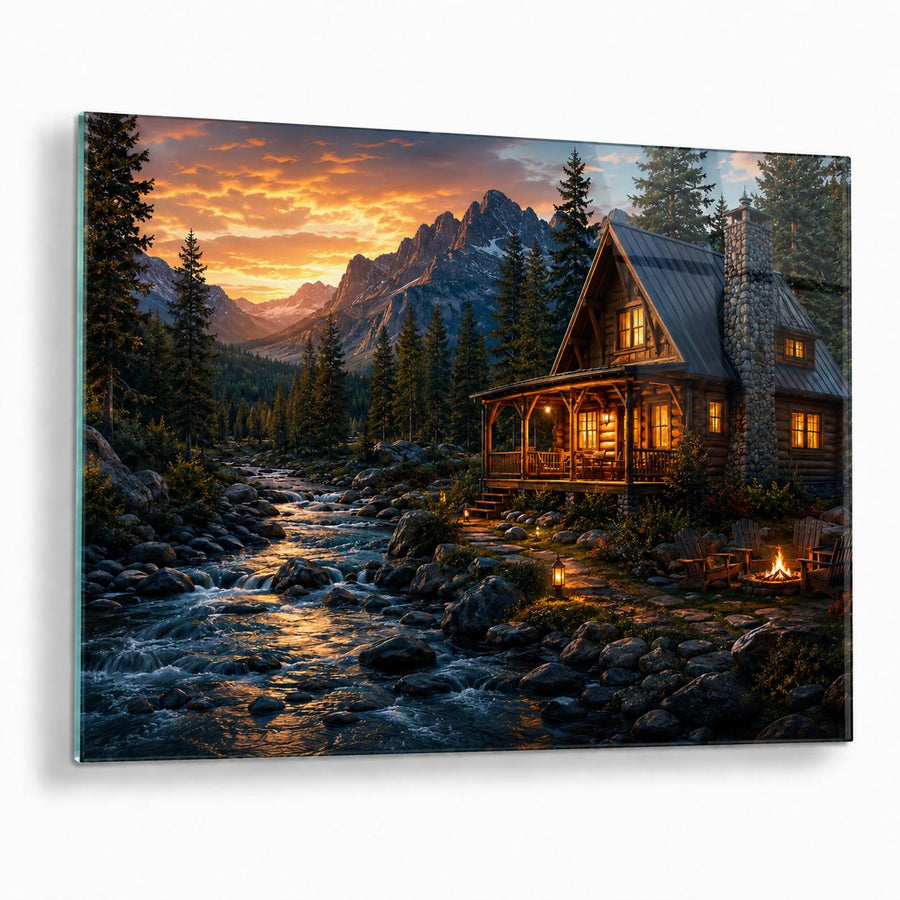 A rectangular wall art print or canvas showing a mountain cabin beside a rocky stream at sunset, photographed against a plain white background with a slight shadow.