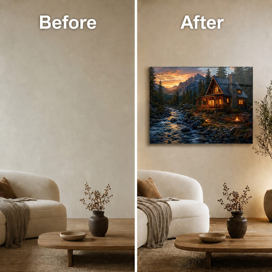 A side-by-side before and after comparison showing a living room wall. The left side labeled 'Before' is mostly blank beige wall.