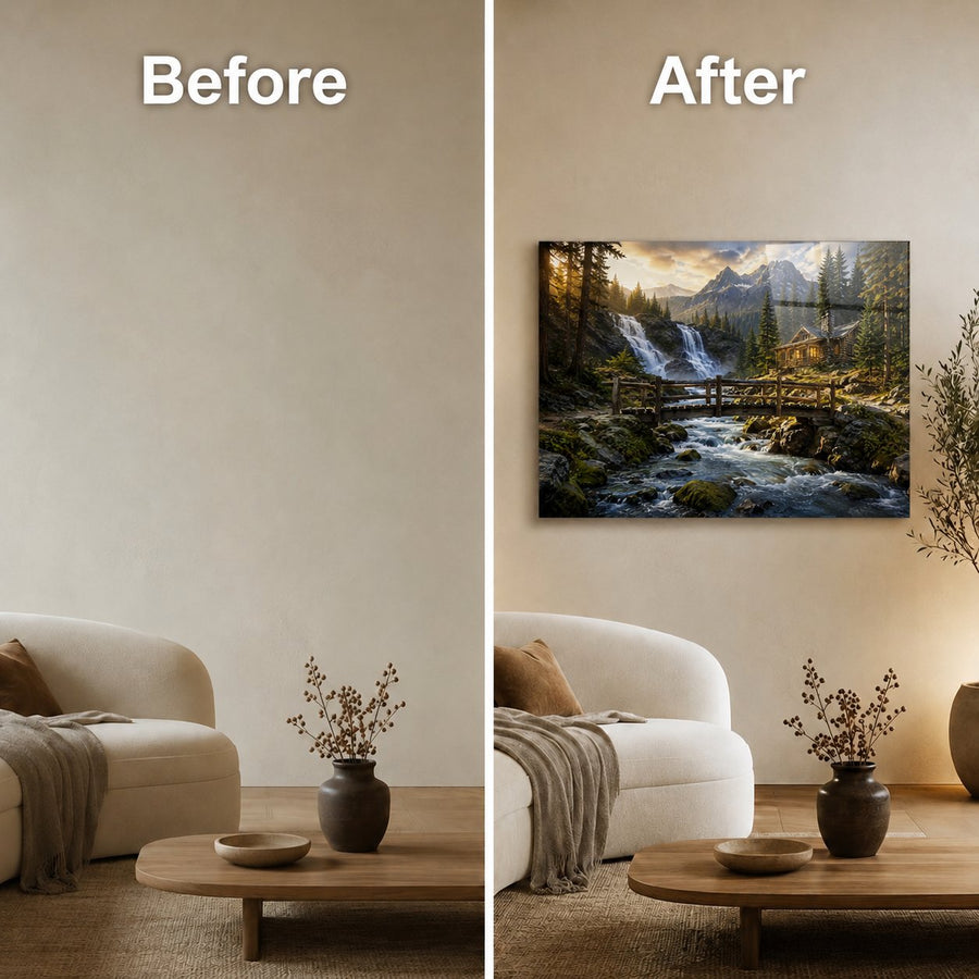 A split-screen before-and-after comparison showing a framed wall art print in a living room. The left side, labeled 'Before,' shows an empty beige wall.