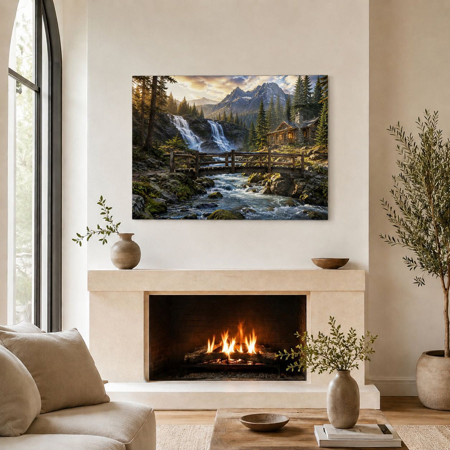 A rectangular wall art print showing a mountain landscape with a waterfall, forest, bridge, and flowing river, displayed above a fireplace in a styled living room with a sofa, vases, and potted plants.