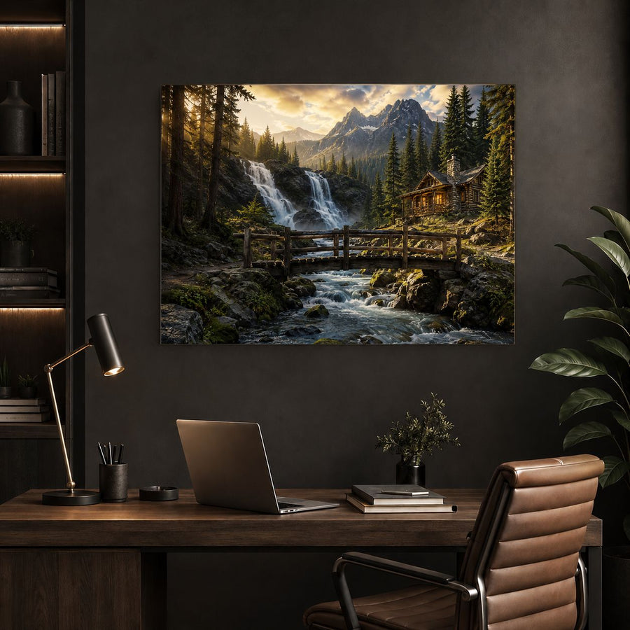 A large rectangular wall art print depicting a mountain landscape with a waterfall, bridge, forest, and cabin, displayed above a desk in a modern home office setting.