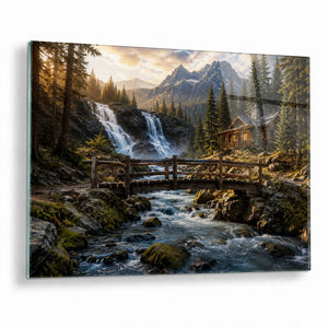 Cabin Waterfall Bridge Tempered Glass Wall Art