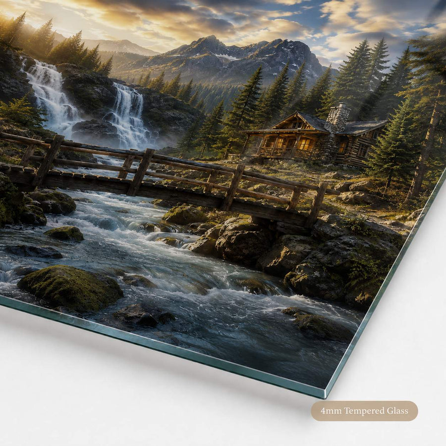 A rectangular glass wall art panel showing a scenic landscape with a waterfall, forest, mountains, and a log cabin, photographed at an angle on a white background. A small label at the bottom right reads '4mm Tempered Glass'.