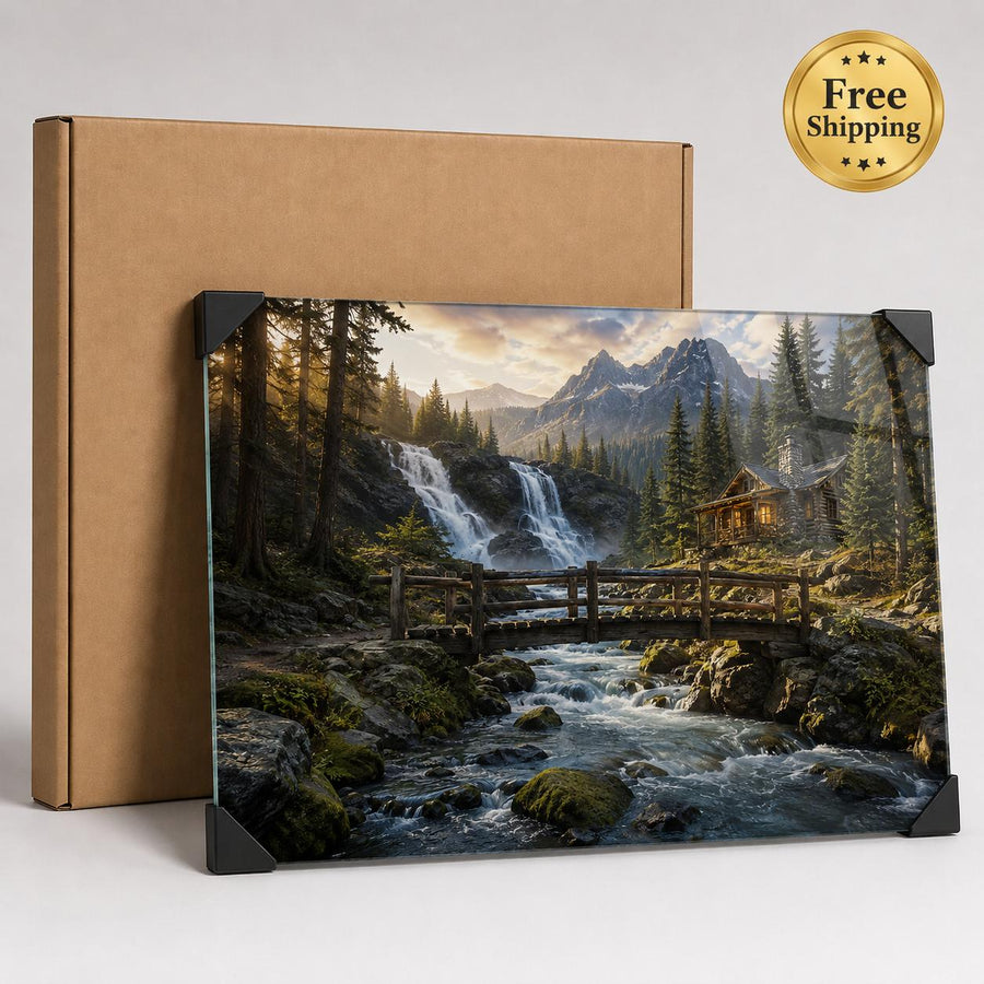 A framed or mounted scenic print showing a mountain landscape with a waterfall, forest, bridge, and stream, displayed in front of a plain brown box. A gold circular badge in the top-right says 'Free Shipping.