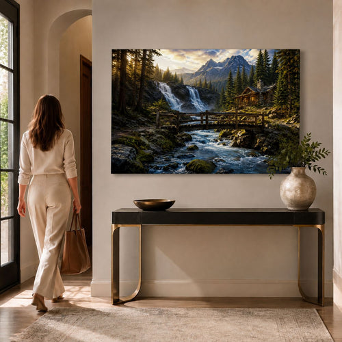 A rectangular wall art print or canvas showing a mountain landscape with a waterfall, evergreen trees, a wooden cabin, and a stream crossing by a bridge, photographed against a plain white background.